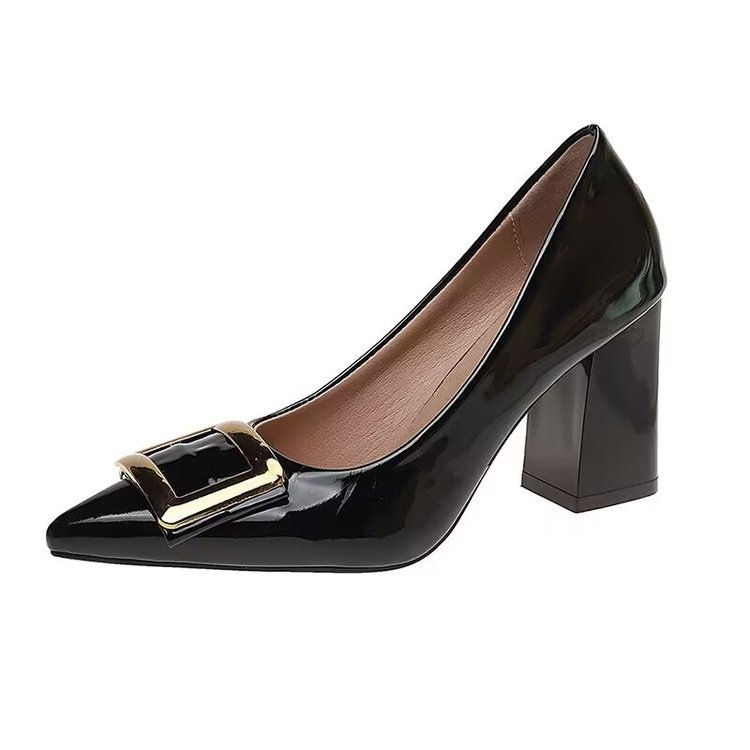 Zhi Yun ~ 2025 tavaszi új, bebújós, lakkbőr, hegyes, szögletes csattal ellátott, vastag sarokkal, sekély szájú, ingázó cipő