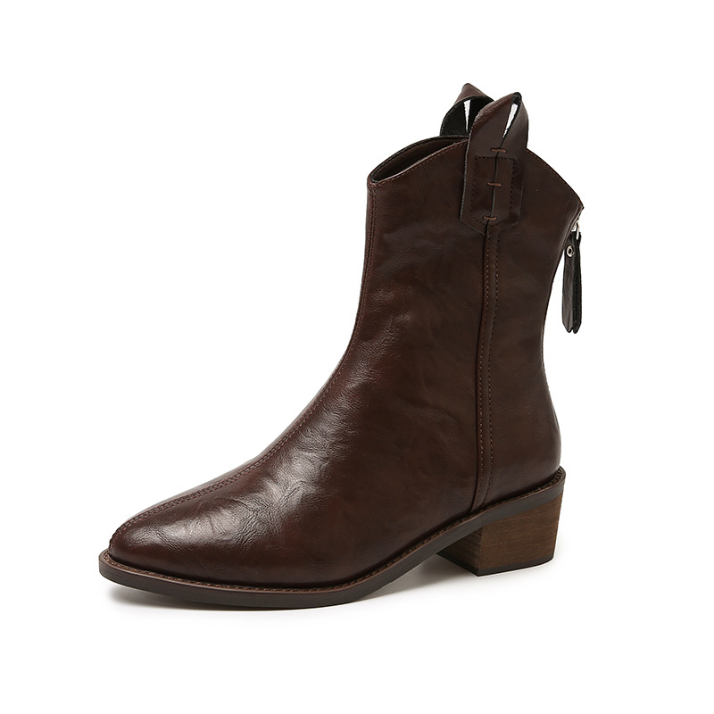 Hegyes sarkú bokacsizma Női brit vastag sarok Középsarkú Meztelen csizma Vintage V-kivágású csizma Mindenhez illő Kis méretű, vékony Western cowboy csizma