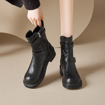 Augushiden Martin zābaki sieviešu 2024. gada jaunajam rudens retro britu stila biezam papēžam ar biezu apakšu, melniem potīšu zābakiem