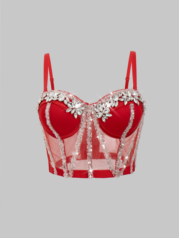 Lu Qiugo Camisola Sutien cu paiete și strasuri, lucrat manual, poate fi purtat în exterior, culoare pură, camisola mică pentru femei, Db1750