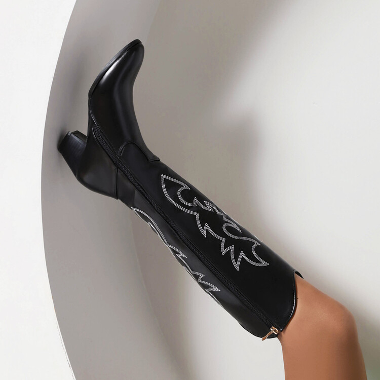 33-46 plusz méretű európai és amerikai külkereskedelmi Amazon őszi és téli divatos hímzőcérnával oldalsó cipzárral ellátott vastag női magas sarkú csizma G490