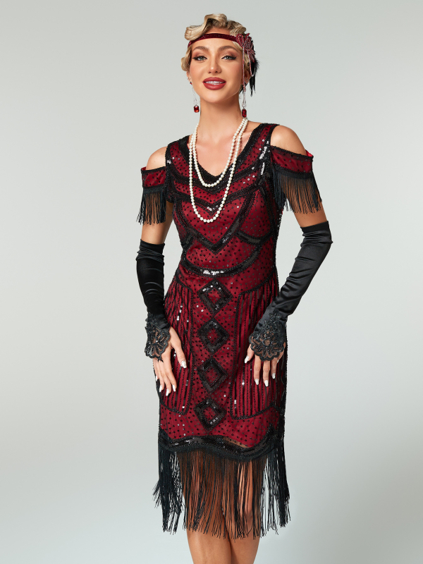 Europska i američka lagana luksuzna vintage haljina sa šljokicama, haljina za zabavu i banket, haljina s resicama za Gatsby bal, haljina s perlicama i tostom