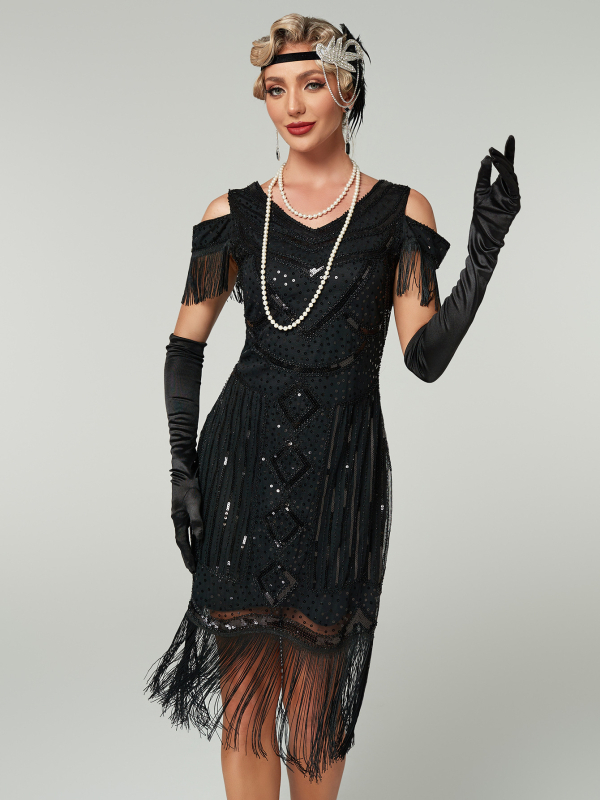 Europska i američka lagana luksuzna vintage haljina sa šljokicama, haljina za zabavu i banket, haljina s resicama za Gatsby bal, haljina s perlicama i tostom