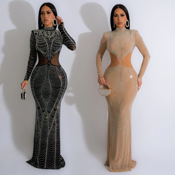 Amazon transfrontalier Europa și Statele Unite, nouă rochie de damă cu mânecă lungă, culoare solidă, guler semi-înalt, plasă, găurită, sexy, șold