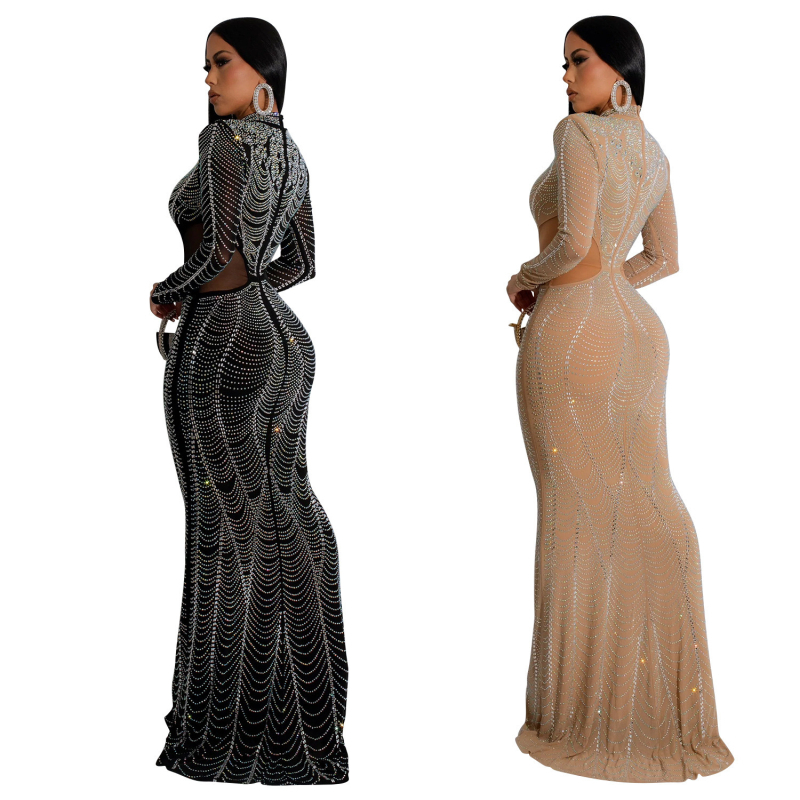 Amazon transfrontalier Europa și Statele Unite, nouă rochie de damă cu mânecă lungă, culoare solidă, guler semi-înalt, plasă, găurită, sexy, șold