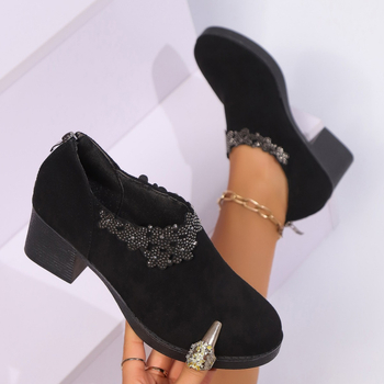 Határokon átnyúló, plus size magassarkú női 2025 tavaszi divatos vastag sarkú velúr egyszínű cipő strasszos hátsó cipzáras női cipők raktáron