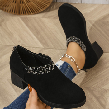 Határokon átnyúló, plus size magassarkú női 2025 tavaszi divatos vastag sarkú velúr egyszínű cipő strasszos hátsó cipzáras női cipők raktáron