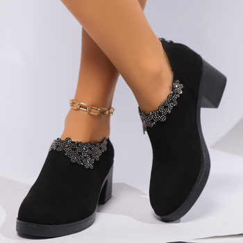 Határokon átnyúló, plus size magassarkú női 2025 tavaszi divatos vastag sarkú velúr egyszínű cipő strasszos hátsó cipzáras női cipők raktáron