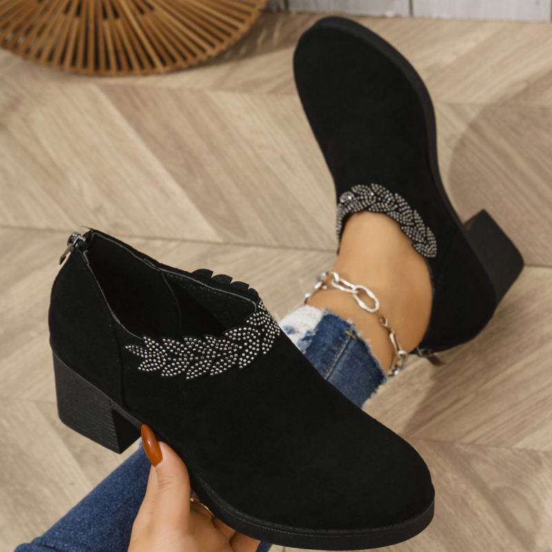 Határokon átnyúló, plus size magassarkú női 2025 tavaszi divatos vastag sarkú velúr egyszínű cipő strasszos hátsó cipzáras női cipők raktáron