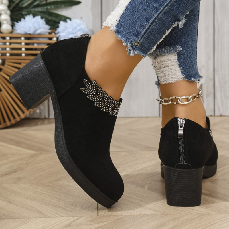 Határokon átnyúló, plus size magassarkú női 2025 tavaszi divatos vastag sarkú velúr egyszínű cipő strasszos hátsó cipzáras női cipők raktáron