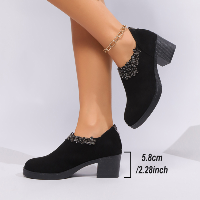 Határokon átnyúló, plus size magassarkú női 2025 tavaszi divatos vastag sarkú velúr egyszínű cipő strasszos hátsó cipzáras női cipők raktáron