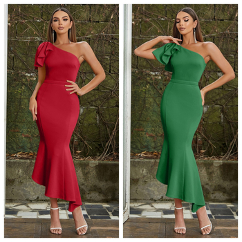 2023 Új érkezésű piros és zöld hírességek ujjatlan, üreges, derekát lefedő, csípőszoknya, európai és amerikai női rugalmas ruha, ferde vállú