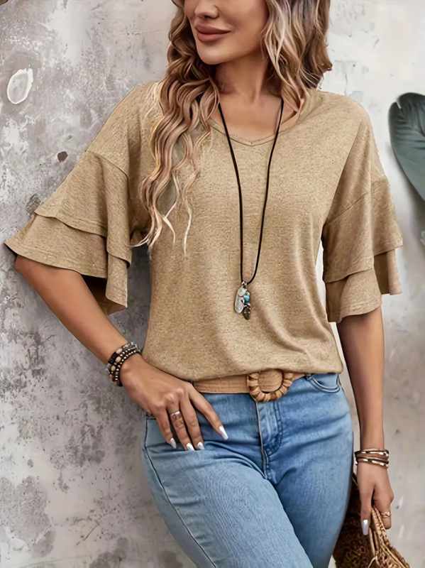 Spot Amazon 2024 Export transfrontalier european și american Vara nouă Culoare pură Decolteu în V Mâneci duble Tricou larg Mâneci scurte