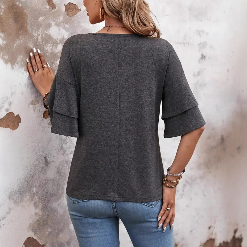 Spot Amazon 2024 Export transfrontalier european și american Vara nouă Culoare pură Decolteu în V Mâneci duble Tricou larg Mâneci scurte