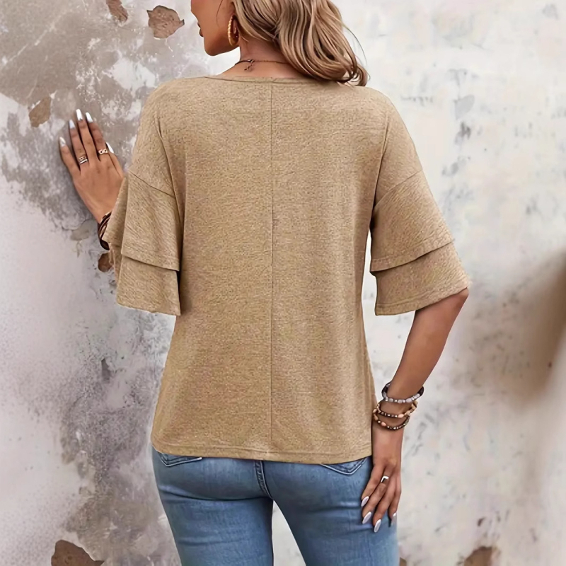 Spot Amazon 2024 Export transfrontalier european și american Vara nouă Culoare pură Decolteu în V Mâneci duble Tricou larg Mâneci scurte