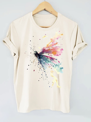 Drugelio rašto marškinėliai, trumpomis rankovėmis, apvalios iškirptės, laisvalaikio palaidinė, vasaros ir pavasario moteriška gamyklinė didmeninė prekyba medvilne