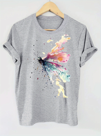 Drugelio rašto marškinėliai, trumpomis rankovėmis, apvalios iškirptės, laisvalaikio palaidinė, vasaros ir pavasario moteriška gamyklinė didmeninė prekyba medvilne