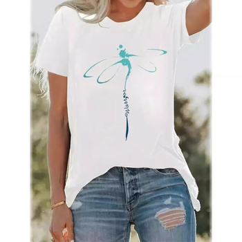 2024 Nou Transfrontalieră Creative Dragonfly Gât Rotund Confortabil și Casual 3D Imprimat Mânecă Scurtă Vară Lejeră Femei