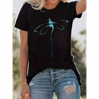 2024 Nou Transfrontalieră Creative Dragonfly Gât Rotund Confortabil și Casual 3D Imprimat Mânecă Scurtă Vară Lejeră Femei