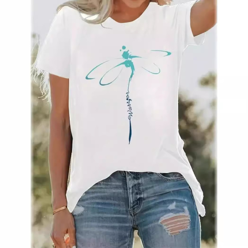 2024 Nou Transfrontalieră Creative Dragonfly Gât Rotund Confortabil și Casual 3D Imprimat Mânecă Scurtă Vară Lejeră Femei