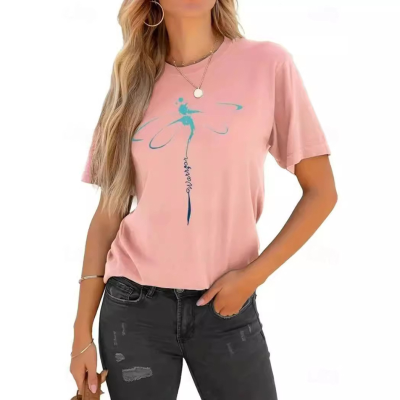 2024 Nou Transfrontalieră Creative Dragonfly Gât Rotund Confortabil și Casual 3D Imprimat Mânecă Scurtă Vară Lejeră Femei