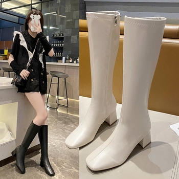 Maži ilgaauliai moteriški batai 2022 rudens ir žiemos batai smėlio spalvos storu kulnu kvadratiniai aukšti ploni aulinukai su vilnos pamušalu