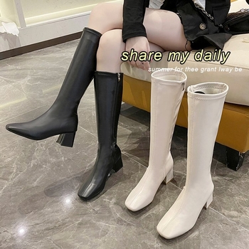 Maži ilgaauliai moteriški batai 2022 rudens ir žiemos batai smėlio spalvos storu kulnu kvadratiniai aukšti ploni aulinukai su vilnos pamušalu