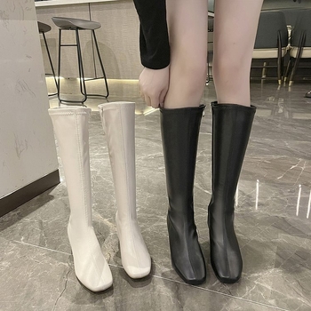 Maži ilgaauliai moteriški batai 2022 rudens ir žiemos batai smėlio spalvos storu kulnu kvadratiniai aukšti ploni aulinukai su vilnos pamušalu