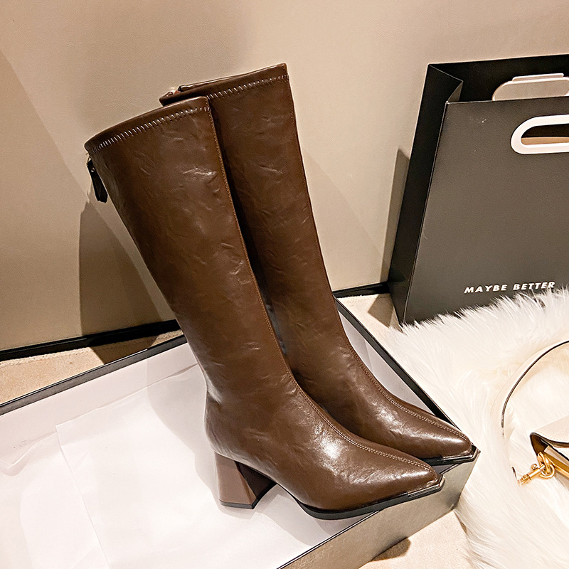 Aukštakulniai, bet iki kelių ilgaauliai moteriški rudens ir žiemos rudi storo kulno aulinukai su smailiais, liekninantys riterio stiliaus aulinukai