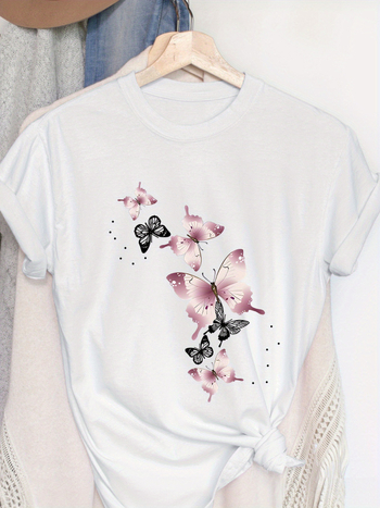 Nyári és tavaszi női rövid ujjú, kerek nyakú, lezser kabát, pillangómintás póló, fehér rózsaszín európai és amerikai pamut pulóver