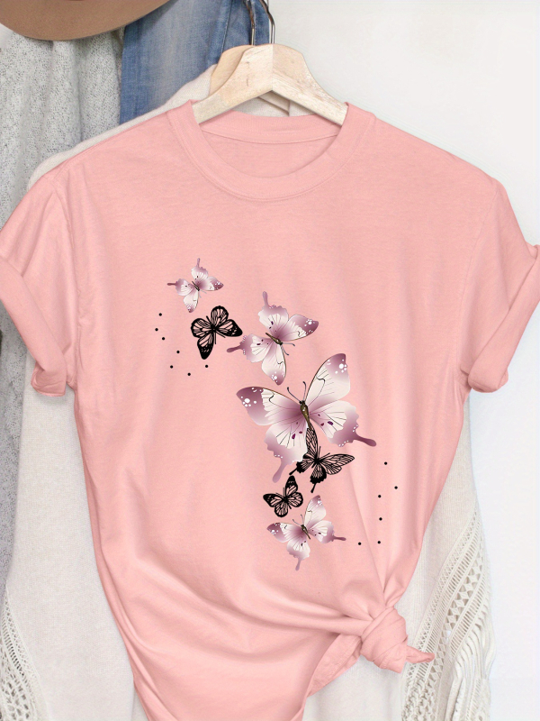 Nyári és tavaszi női rövid ujjú, kerek nyakú, lezser kabát, pillangómintás póló, fehér rózsaszín európai és amerikai pamut pulóver