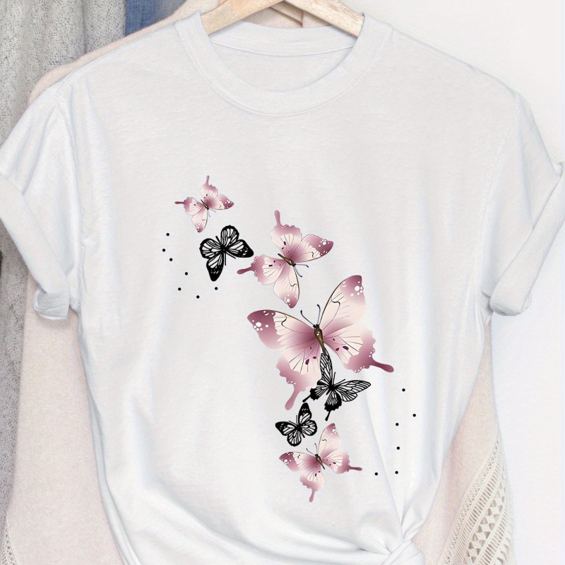 Nyári és tavaszi női rövid ujjú, kerek nyakú, lezser kabát, pillangómintás póló, fehér rózsaszín európai és amerikai pamut pulóver