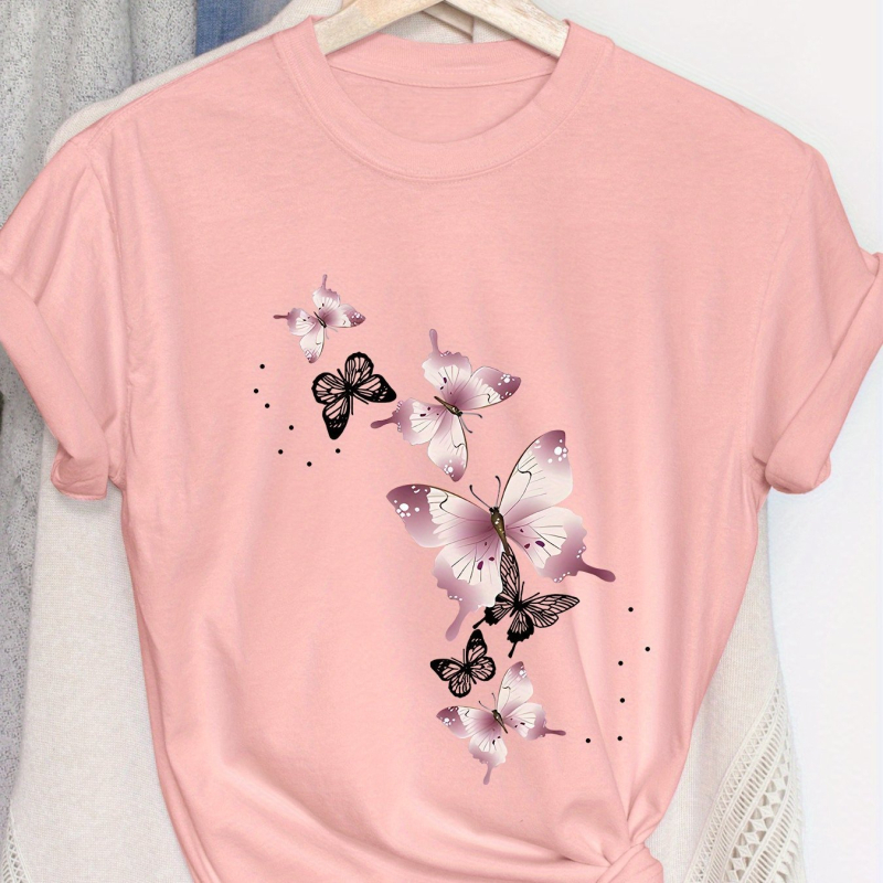 Nyári és tavaszi női rövid ujjú, kerek nyakú, lezser kabát, pillangómintás póló, fehér rózsaszín európai és amerikai pamut pulóver