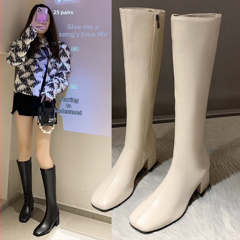 Dámske čižmy na jeseň a zimu 2025, nové čižmy s bočným zipsom pre ženy nad kolená, rytierske čižmy s hrubým podpätkom a štvorcovou špičkou.