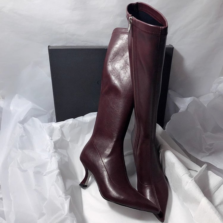 Knight Boots Melni pāri ceļgaliem sniedzoši zābaki Vienkārši smaili purngali Vienkrāsaini Tievi Augstpapēžu Zābaki ar Elastīgu Sānu Rāvējslēdzēju Sieviešu Zābaki Vairumtirdzniecībā