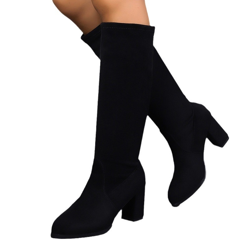 Női rugalmas ujjú csizma 2024 őszi és téli új európai és amerikai külkereskedelmi plus size csizma kerek fejű vastag sarkú női magas sarkú csizma