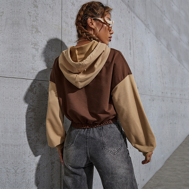 Temu Transfrontaliere Produs Nou 2024 Toamnă European și American Casual Topuri Pulover Scurt Cu Capac Cu Mânecă Lungă Color-Blocked Hanorac pentru Femei