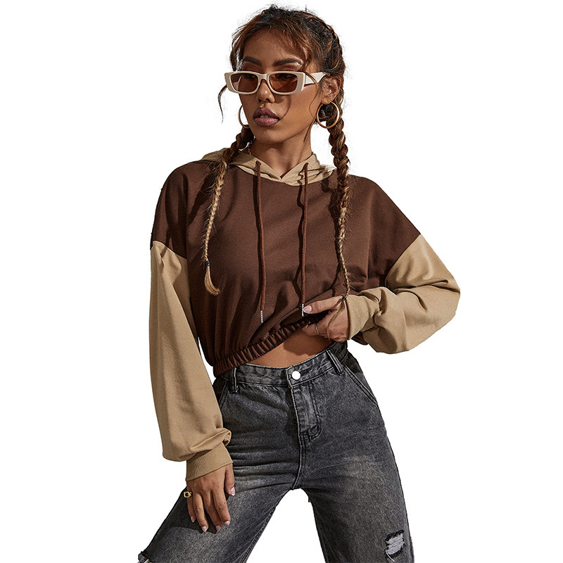 Temu Transfrontaliere Produs Nou 2024 Toamnă European și American Casual Topuri Pulover Scurt Cu Capac Cu Mânecă Lungă Color-Blocked Hanorac pentru Femei