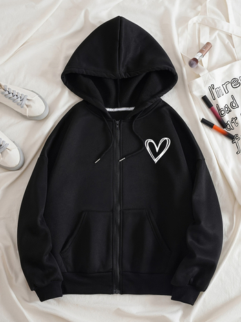 Női divatos, szívmintás, utcai stílusú kapucnis pulóver, zsebbel, cipzárral és húzózsinórral, téli használatra.