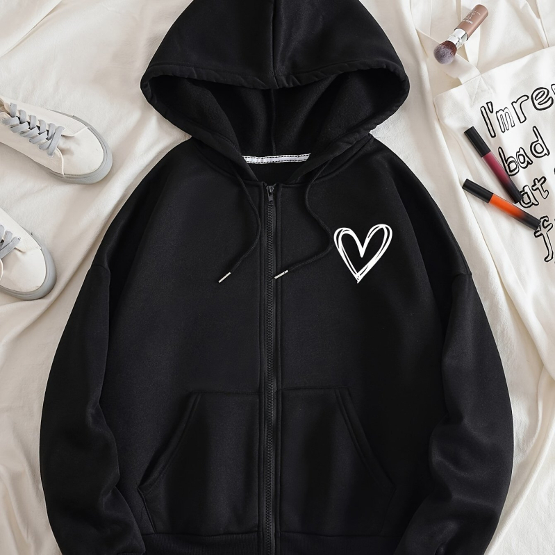 Női divatos, szívmintás, utcai stílusú kapucnis pulóver, zsebbel, cipzárral és húzózsinórral, téli használatra.