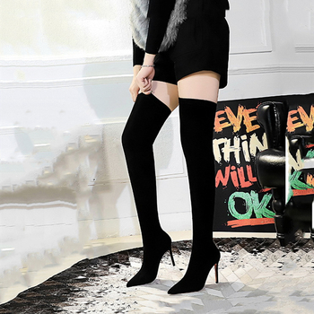 Szexi, elegáns, velúr, karcsúsító, térdig érő, tűsarkú, női csizma, európai és amerikai divatos, egyszerű téli, magasságnövelő.