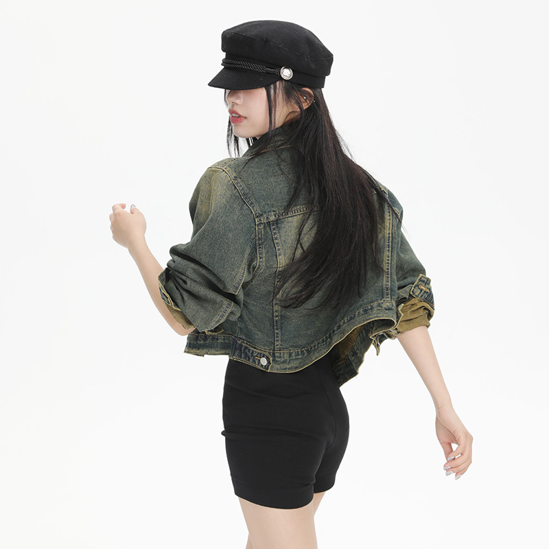 Oranž siidist naisterõivad # Ameerika trendikas brändi retro teksajakk naistele kevad- ja suveks, sisekujundusega pestud ja kulunud lühike jakk