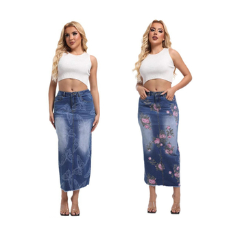 Fustă din denim imprimată, stil nou, care strânge șoldurile, fustă europeană și americană versatilă, slim-fit, cu crăpătură la spate, fustă lungă albastră pentru femei