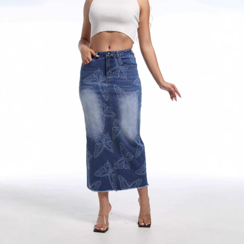 Fustă din denim imprimată, stil nou, care strânge șoldurile, fustă europeană și americană versatilă, slim-fit, cu crăpătură la spate, fustă lungă albastră pentru femei