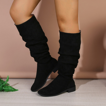 Plus size khaki velúr magas szárú, de térdig érő csizma 2024 őszi és téli új, szögletes sarkú, divatos női csizma