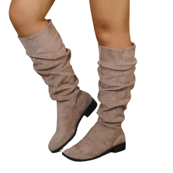 Plus size khaki velúr magas szárú, de térdig érő csizma 2024 őszi és téli új, szögletes sarkú, divatos női csizma