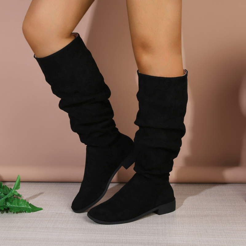 Plus size khaki velúr magas szárú, de térdig érő csizma 2024 őszi és téli új, szögletes sarkú, divatos női csizma