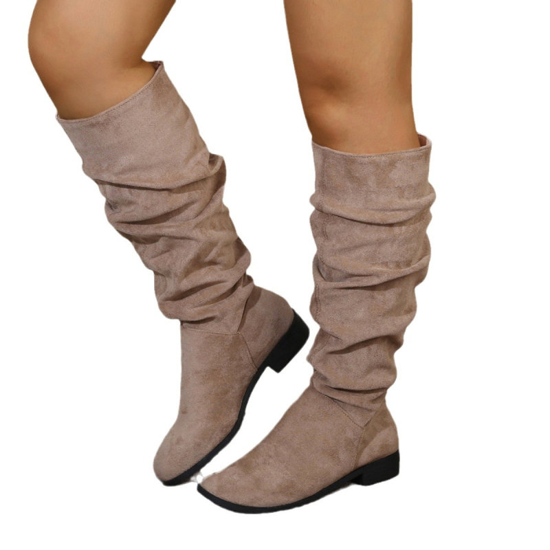 Plus size khaki velúr magas szárú, de térdig érő csizma 2024 őszi és téli új, szögletes sarkú, divatos női csizma