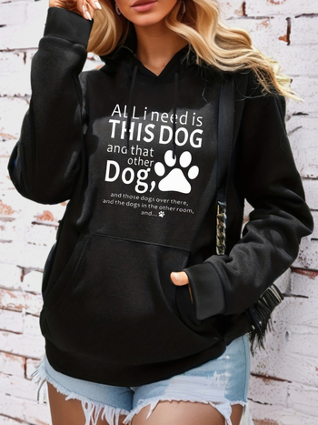 Európai méretű THIS DOG betűs mintás, lezser pulóver, női, hosszú ujjú, öves sapkás pulóver