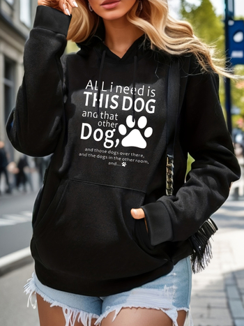 Európai méretű THIS DOG betűs mintás, lezser pulóver, női, hosszú ujjú, öves sapkás pulóver